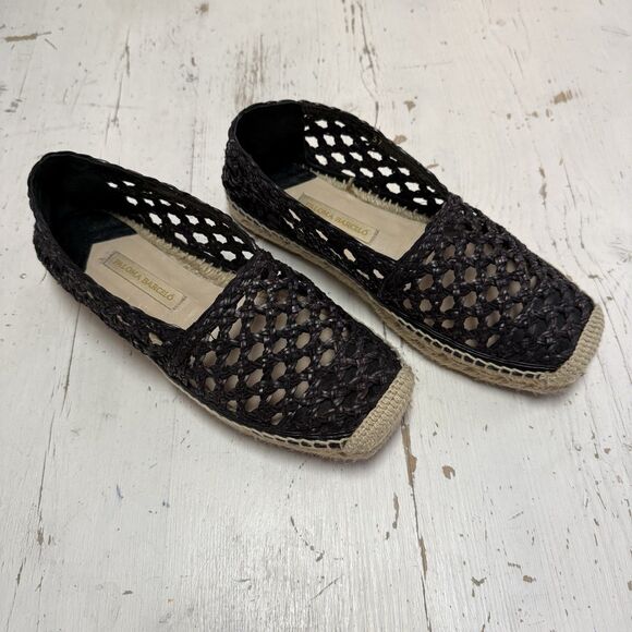 Paloma Barcelo Espadrille Flats Square Toe Black Outer Leather Knit 7 EU 37 - Picture 1 of 10